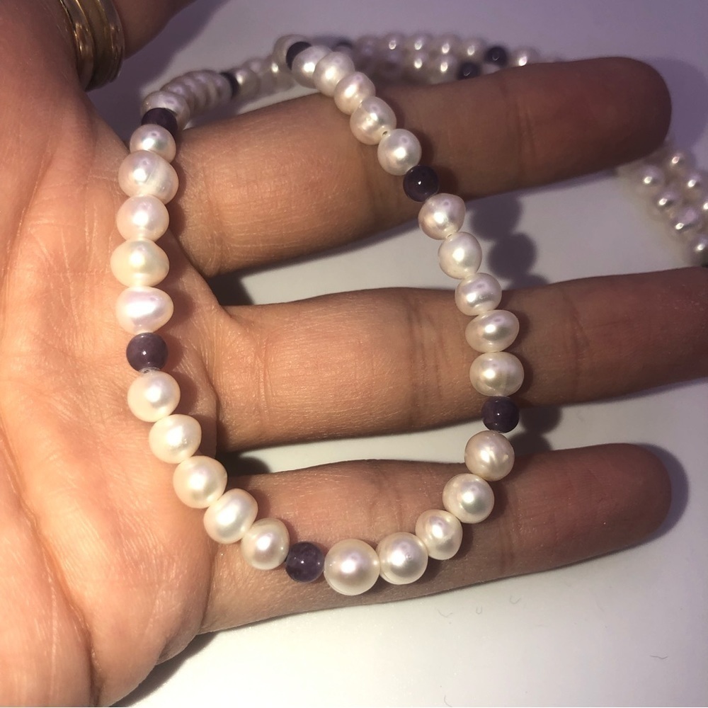 freshwater Pearl & Amethyst Bead Necklace Silver Tone Toggle Clasp Approx 17” - Picture 5 of 6